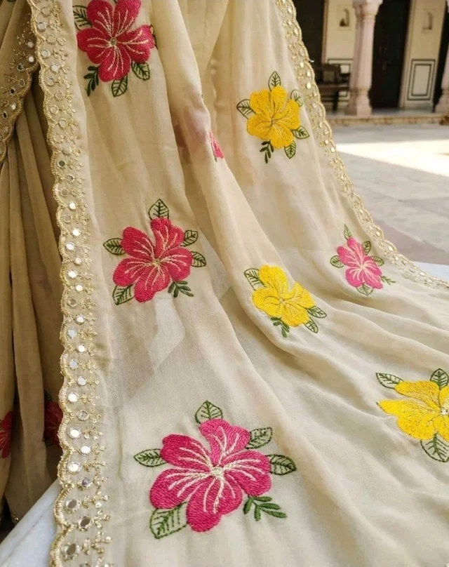 Yashika Women's Nylon Organza Saree with Blouse Piece for Traditional Ethnic Wear Sari - Chiku