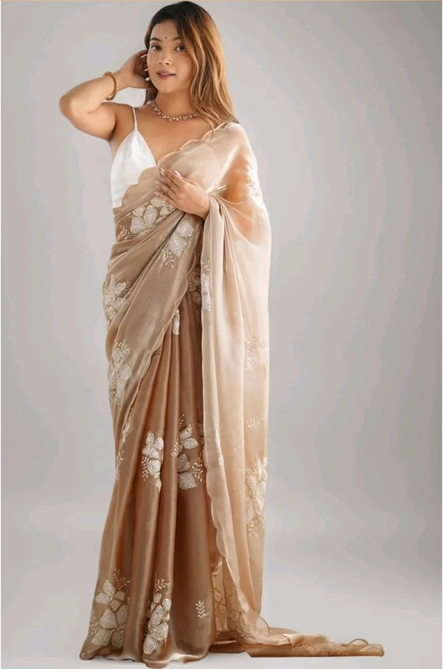AKHILAM Women's Shimmer Organza Sequence Embroidery Saree With Unstitched Blouse Piece Traditional Ethnic Wear Sari - Beige