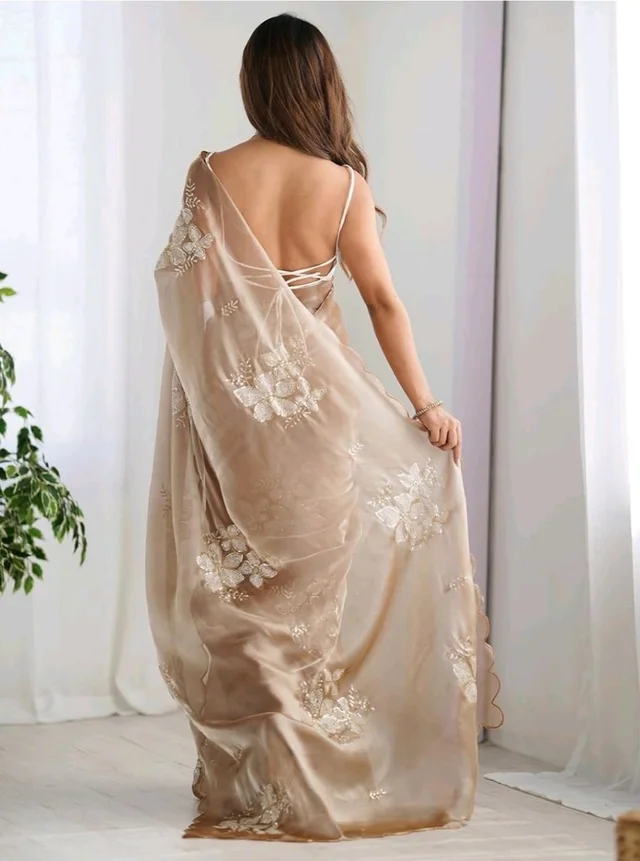 AKHILAM Women's Shimmer Organza Sequence Embroidery Saree With Unstitched Blouse Piece Traditional Ethnic Wear Sari - Beige