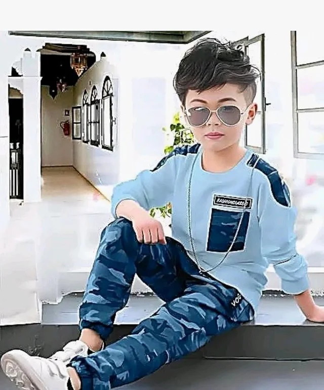 Boys Cotton Spandex Full Sleeve T-Shirt With Camouflage Jogger Pant Set | Casual Sports Clothing Set for Boys | Kids Printed Co-Ord Outfit for Daily, Travel
- 12-24 M, Sky Blue