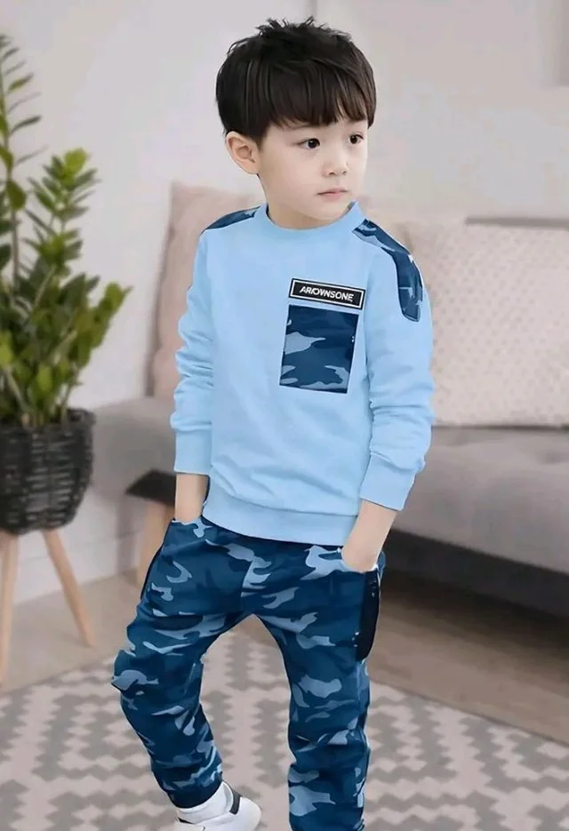 Boys Cotton Spandex Full Sleeve T-Shirt With Camouflage Jogger Pant Set | Casual Sports Clothing Set for Boys | Kids Printed Co-Ord Outfit for Daily, Travel
- 2-3 Y, Sky Blue
