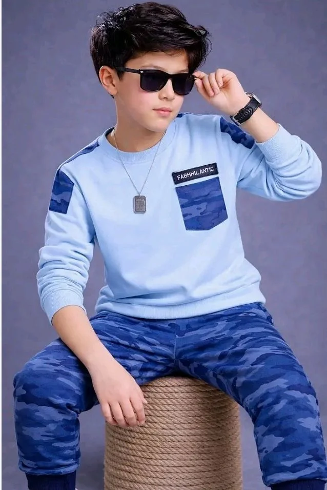 Boys Cotton Spandex Full Sleeve T-Shirt With Camouflage Jogger Pant Set | Casual Sports Clothing Set for Boys | Kids Printed Co-Ord Outfit for Daily, Travel
- 2-3 Y, Sky Blue