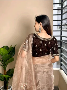 Pandadi Saree Women's Organza Embroidery Saree With Unstitched Blouse Piece
- Brown