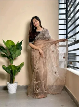 Pandadi Saree Women's Organza Embroidery Saree With Unstitched Blouse Piece
- Brown