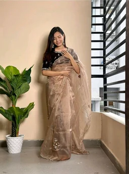 Pandadi Saree Women's Organza Embroidery Saree With Unstitched Blouse Piece
- Brown