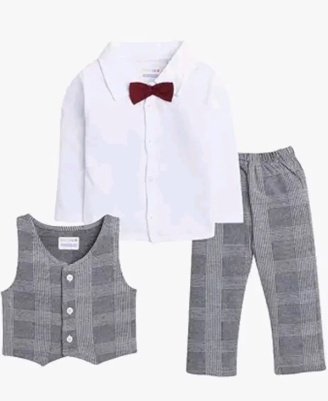BUMZEE Boys Regular Fit Full Sleeves Collar Neck Cotton Shirt Waistcoat & Pant Set With Applique Bow - 6-12 M, Grey -White