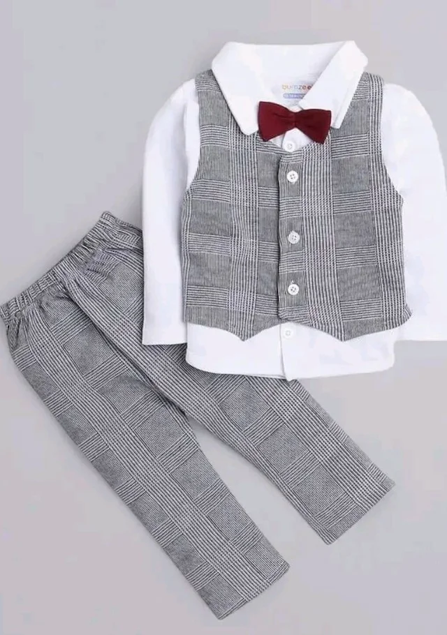 BUMZEE Boys Regular Fit Full Sleeves Collar Neck Cotton Shirt Waistcoat & Pant Set With Applique Bow - 12-18 M, Grey -White