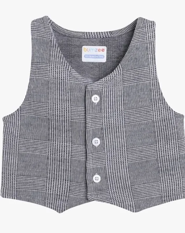 BUMZEE Boys Regular Fit Full Sleeves Collar Neck Cotton Shirt Waistcoat & Pant Set With Applique Bow - 18-24 M, Grey -White
