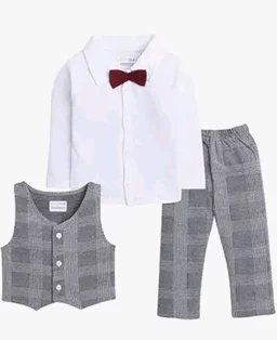 BUMZEE Boys Regular Fit Full Sleeves Collar Neck Cotton Shirt Waistcoat & Pant Set With Applique Bow - 2-3 Y, Grey -White