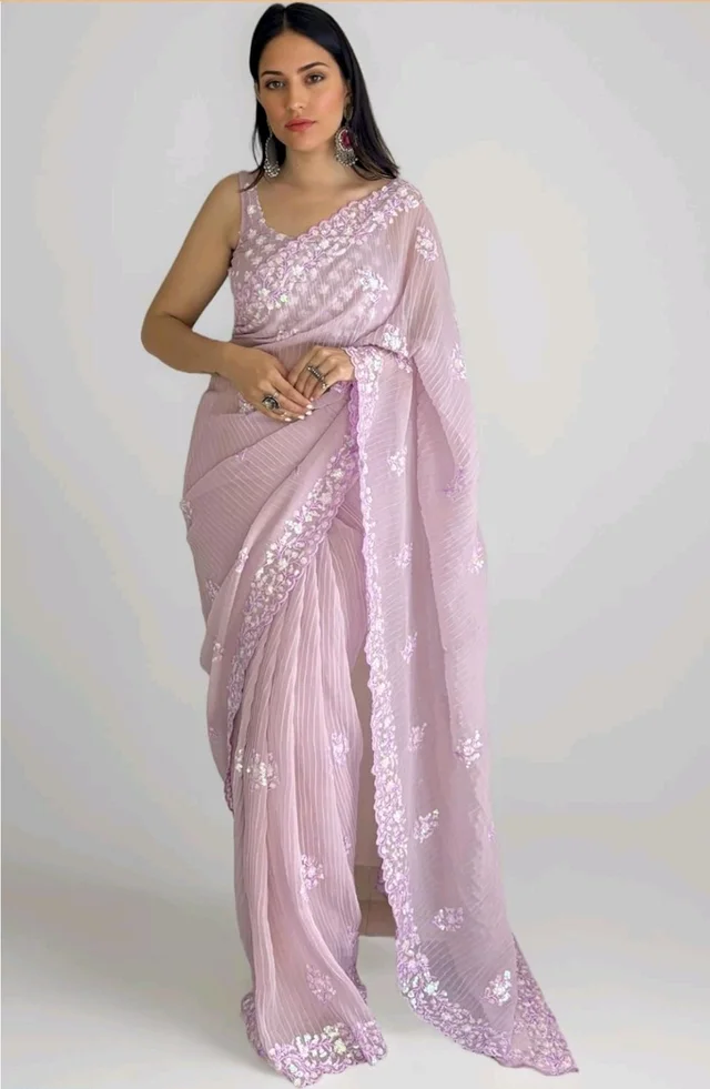 Pandadi Saree Women's Crushed Sequence Georgette Saree With Unstitched Blouse. - Lavender