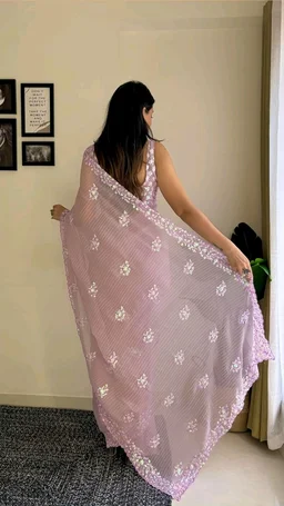 Pandadi Saree Women's Crushed Sequence Georgette Saree With Unstitched Blouse. - Lavender