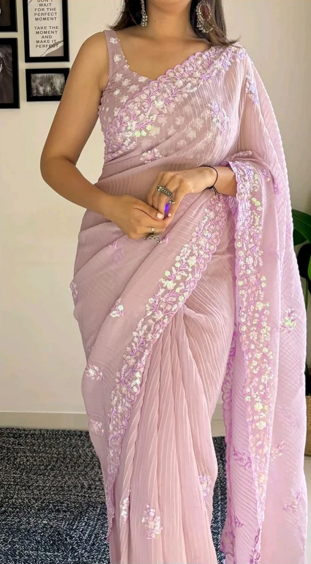 Pandadi Saree Women's Crushed Sequence Georgette Saree With Unstitched Blouse. - Lavender