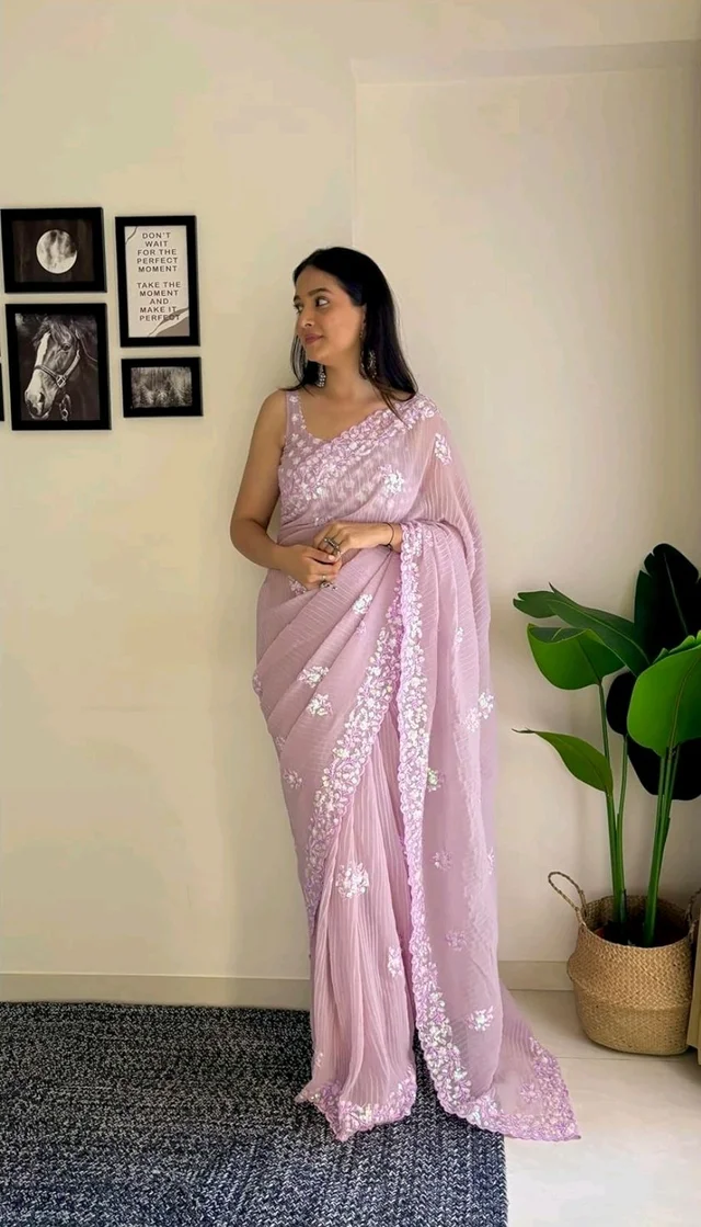 Pandadi Saree Women's Crushed Sequence Georgette Saree With Unstitched Blouse. - Lavender