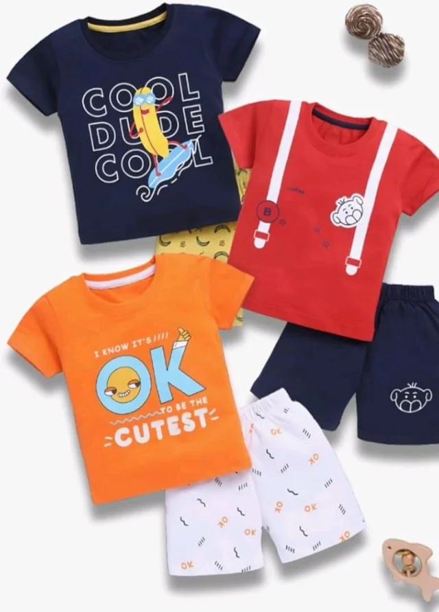 Toonyport Boys Summer 3 Packs Of T-shirts and Shorts Combo Set (Multicolors) - 6-12 M, Multicolours