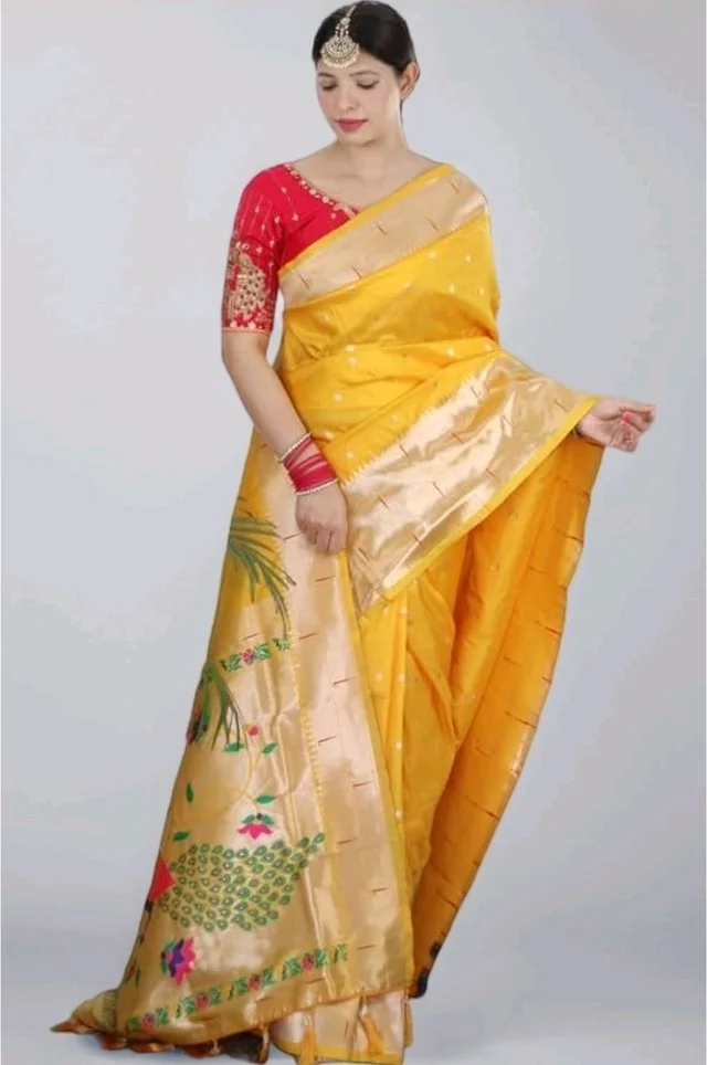 Pandadi Saree Woman's Pure Banarasi Paithani Silk Saree With Brocket Blouse Piece
- Yellow