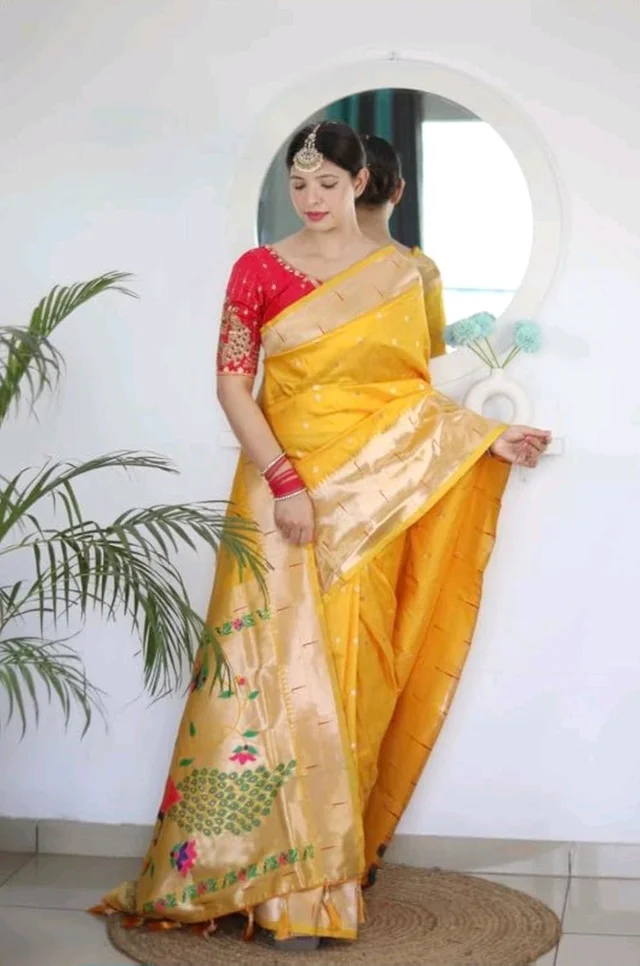 Pandadi Saree Woman's Pure Banarasi Paithani Silk Saree With Brocket Blouse Piece
- Yellow