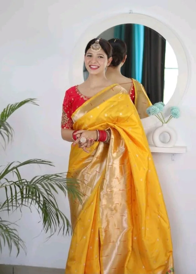 Pandadi Saree Woman's Pure Banarasi Paithani Silk Saree With Brocket Blouse Piece
- Yellow