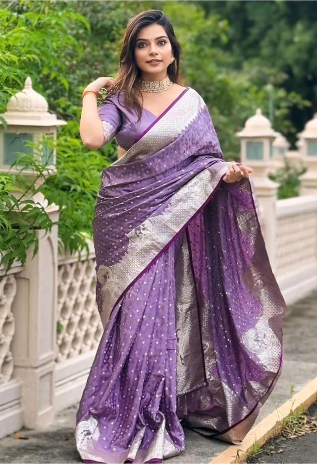Pandadi Saree Women's Soft Banarasi Antique Silk Woven Zari Work Saree With Unstitched Blouse Piece - Purple
