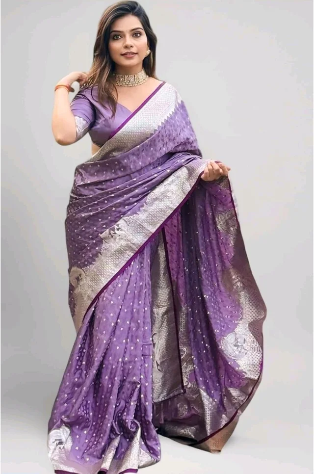Pandadi Saree Women's Soft Banarasi Antique Silk Woven Zari Work Saree With Unstitched Blouse Piece - Purple