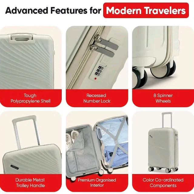 Meridian Set of 2 Trolley Bags Cabin + Medium Polypropylene Hard Suitcase, 8 Spinner Wheels, 2-Pocket Convipack, Recessed Number Lock for Men & Women Ghost Grey/Limestone Grey