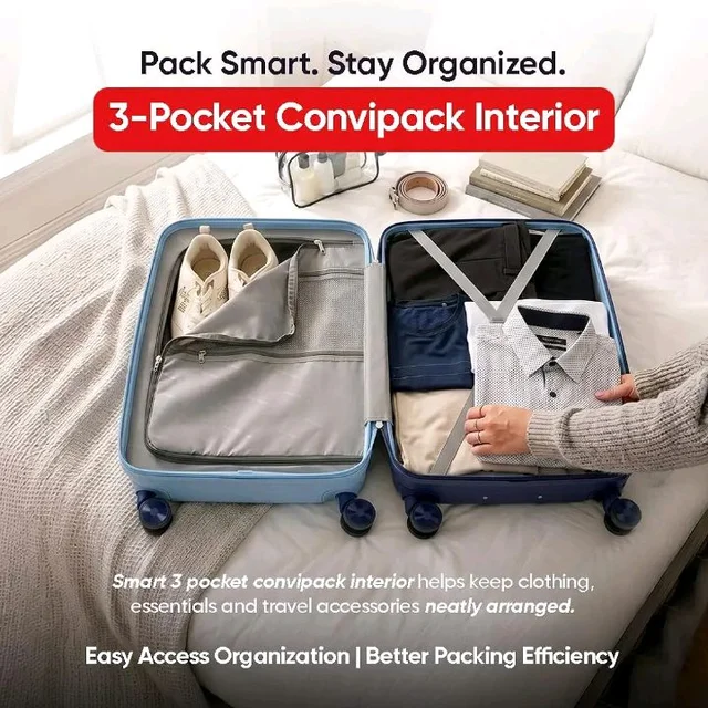 Axis Cabin Suitcase 55 cm 20 inch Polypropylene Hard Trolley, 8 Spinner Wheels, 3-Pocket Convipack, Dual-Tone Shell, Recessed Number Lock, Carry-On Sapphire Blue/Peacock Blue