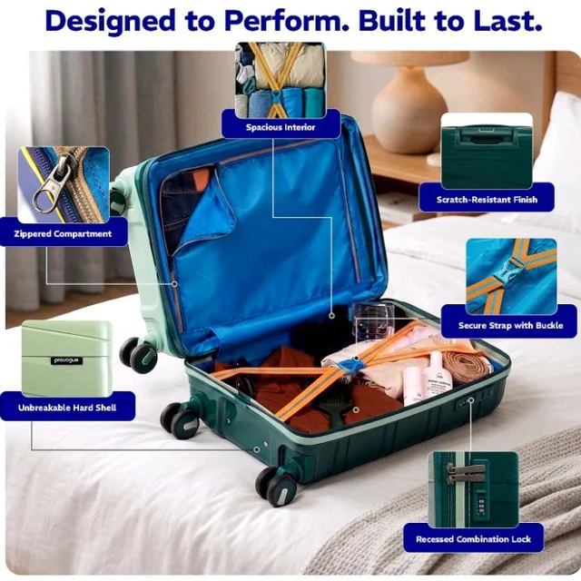 Provogue Azure Hard-Sided PP 55 Cm Cabin Luggage Suitcase | Expandable Space with 8 Wheels Trolley Bags for Travel | Lightweight with Combination Lock | 5 Year Warranty (Laurel Green/Hunter Green)