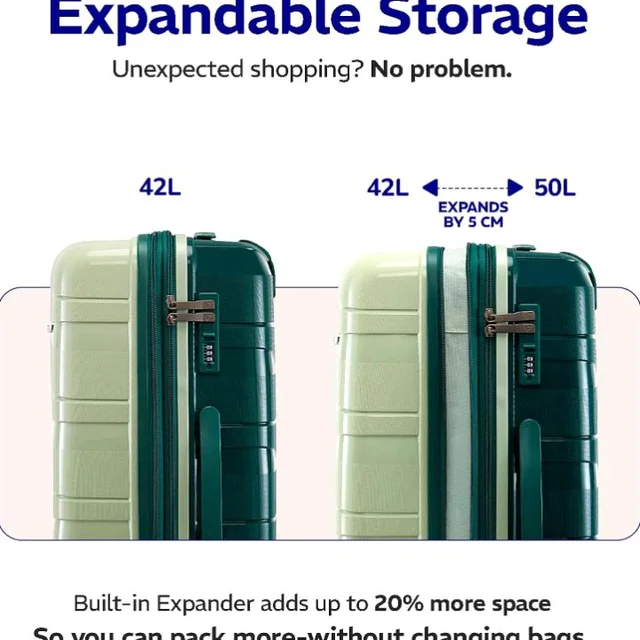 Provogue Azure Hard-Sided PP 55 Cm Cabin Luggage Suitcase | Expandable Space with 8 Wheels Trolley Bags for Travel | Lightweight with Combination Lock | 5 Year Warranty (Laurel Green/Hunter Green)