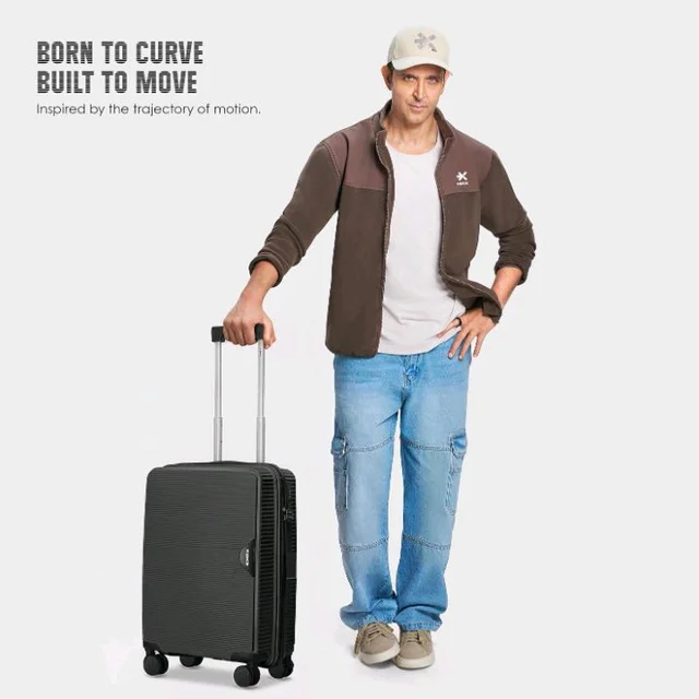 HRX Parabola Cabin Size Haileys Black Polypropylene Hard Shell Suitcase - Premium Travel Trolley Bag with 8 Spinner Wheels, Number Lock & Water Resistant Body