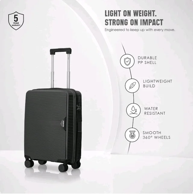 HRX Parabola Cabin Size Haileys Black Polypropylene Hard Shell Suitcase - Premium Travel Trolley Bag with 8 Spinner Wheels, Number Lock & Water Resistant Body