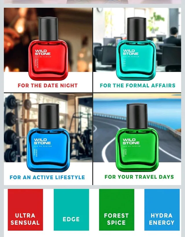 Wild Stone Edge, Forest Spice, Hydra Energy and Ultra Sensual Perfume Combo for Men, Long Lasting Smell | Pack of 4 (30ml each