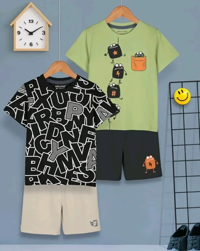 HELLCAT Boys Dress Clothing Set Combo with Tshirts & Shorts - Pack 2
- 4-5 Y, Black -Green