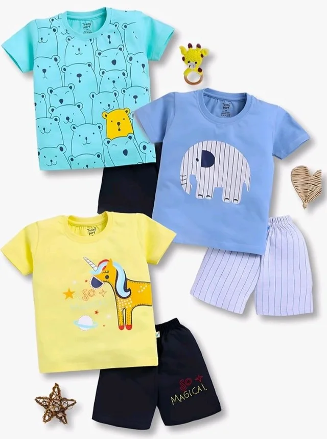 Toonyport Boys Summer 3 Packs Of T-shirts and Shorts Combo Set (Multicolors) - 6-12 M, Multicolours 2