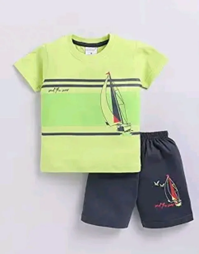 Unisex T-Shirt and Shorts Set - 3-6 M, Light Green ::Navy blue ::Yellow