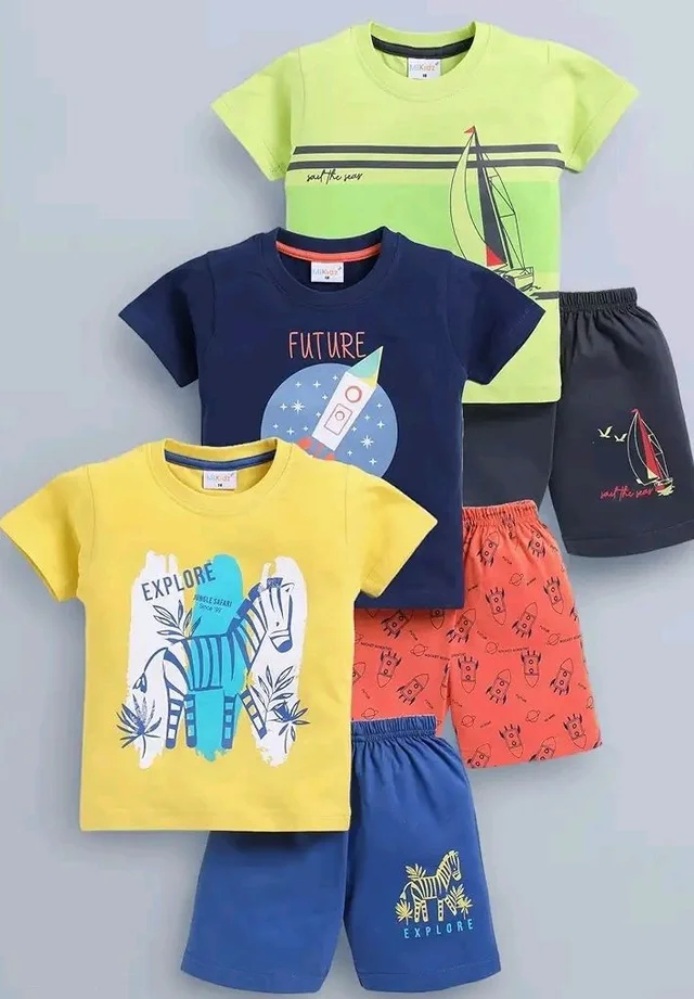 Unisex T-Shirt and Shorts Set - 4-5 Y, Light Green ::Navy blue ::Yellow