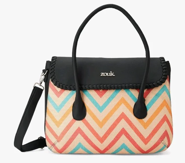 Zouk Printed Jute Handcrafted Vegan Leather Multicolor Women's Satchel Bag | Ladies Purse Handbag | Double Handle Detachable Strap