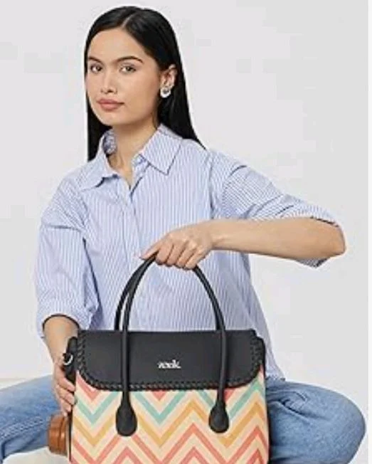 Zouk Printed Jute Handcrafted Vegan Leather Multicolor Women's Satchel Bag | Ladies Purse Handbag | Double Handle Detachable Strap