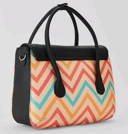 Zouk Printed Jute Handcrafted Vegan Leather Multicolor Women's Satchel Bag | Ladies Purse Handbag | Double Handle Detachable Strap