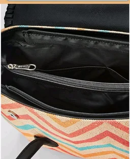 Zouk Printed Jute Handcrafted Vegan Leather Multicolor Women's Satchel Bag | Ladies Purse Handbag | Double Handle Detachable Strap