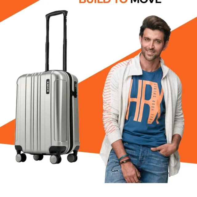 HRX Force Cabin Size Silver Polycarbonate Hard Shell Suitcase - Premium Travel Trolley Bag with 8 Spinner Wheels, Number Lock & Water Resistant Body