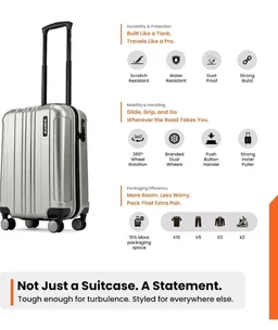 HRX Force Cabin Size Silver Polycarbonate Hard Shell Suitcase - Premium Travel Trolley Bag with 8 Spinner Wheels, Number Lock & Water Resistant Body