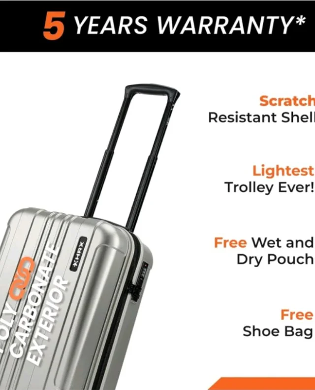HRX Force Cabin Size Silver Polycarbonate Hard Shell Suitcase - Premium Travel Trolley Bag with 8 Spinner Wheels, Number Lock & Water Resistant Body