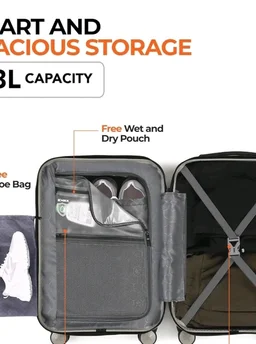 HRX Force Cabin Size Silver Polycarbonate Hard Shell Suitcase - Premium Travel Trolley Bag with 8 Spinner Wheels, Number Lock & Water Resistant Body