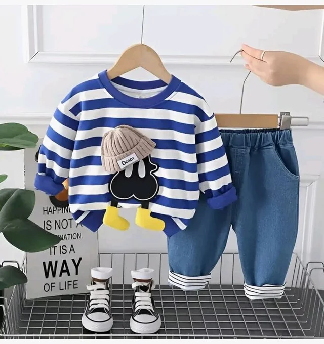 Googo Gaaga Striped SweatShirt with Denim Pant for Boys - Cotton Clothing Set for Baby Boy | Soft Fabric Full Sleeves Sweat Shirt | Regular Fit Kids Outfit | Teddy - 4-5 Y, Blue