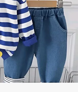 Googo Gaaga Striped SweatShirt with Denim Pant for Boys - Cotton Clothing Set for Baby Boy | Soft Fabric Full Sleeves Sweat Shirt | Regular Fit Kids Outfit | Teddy - 4-5 Y, Blue