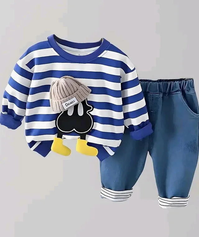 Googo Gaaga Striped SweatShirt with Denim Pant for Boys - Cotton Clothing Set for Baby Boy | Soft Fabric Full Sleeves Sweat Shirt | Regular Fit Kids Outfit | Teddy - 6-7 Y, Blue