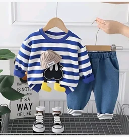 Googo Gaaga Striped SweatShirt with Denim Pant for Boys - Cotton Clothing Set for Baby Boy | Soft Fabric Full Sleeves Sweat Shirt | Regular Fit Kids Outfit | Teddy - 6-7 Y, Blue