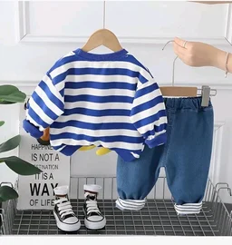 Googo Gaaga Striped SweatShirt with Denim Pant for Boys - Cotton Clothing Set for Baby Boy | Soft Fabric Full Sleeves Sweat Shirt | Regular Fit Kids Outfit | Teddy - 6-7 Y, Blue