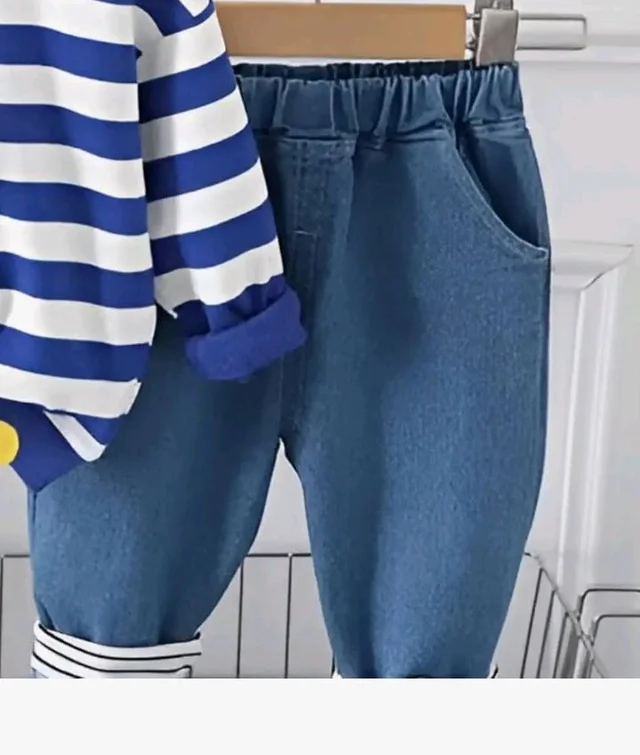 Googo Gaaga Striped SweatShirt with Denim Pant for Boys - Cotton Clothing Set for Baby Boy | Soft Fabric Full Sleeves Sweat Shirt | Regular Fit Kids Outfit | Teddy - 6-7 Y, Blue