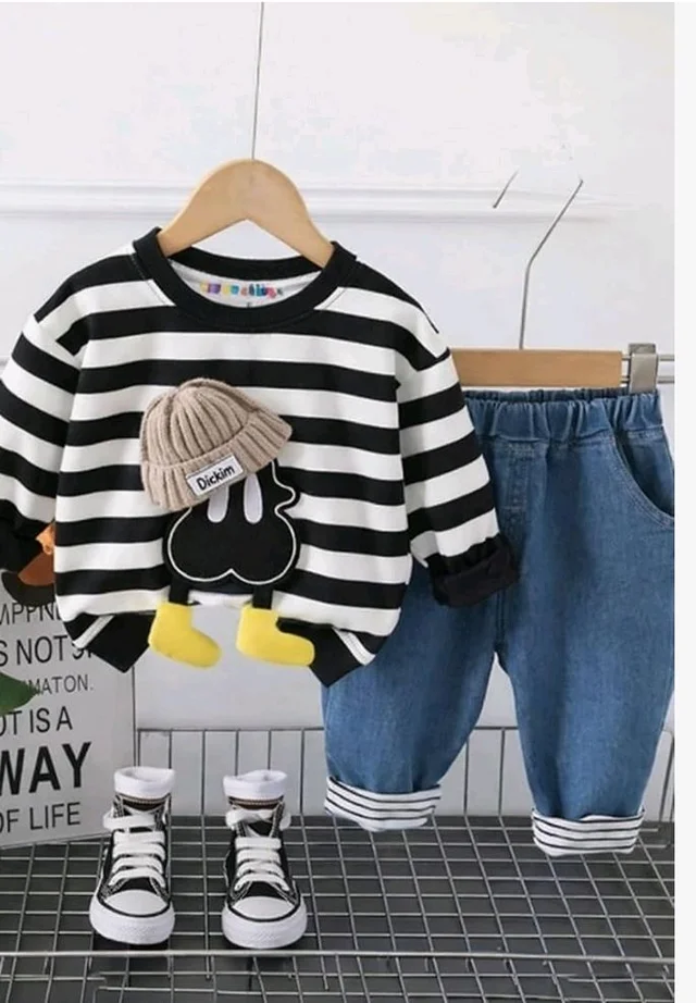 Googo Gaaga Striped SweatShirt with Denim Pant for Boys - Cotton Clothing Set for Baby Boy | Soft Fabric Full Sleeves Sweat Shirt | Regular Fit Kids Outfit | Teddy - 2-3 Y, Black