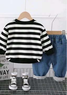 Googo Gaaga Striped SweatShirt with Denim Pant for Boys - Cotton Clothing Set for Baby Boy | Soft Fabric Full Sleeves Sweat Shirt | Regular Fit Kids Outfit | Teddy - 2-3 Y, Black